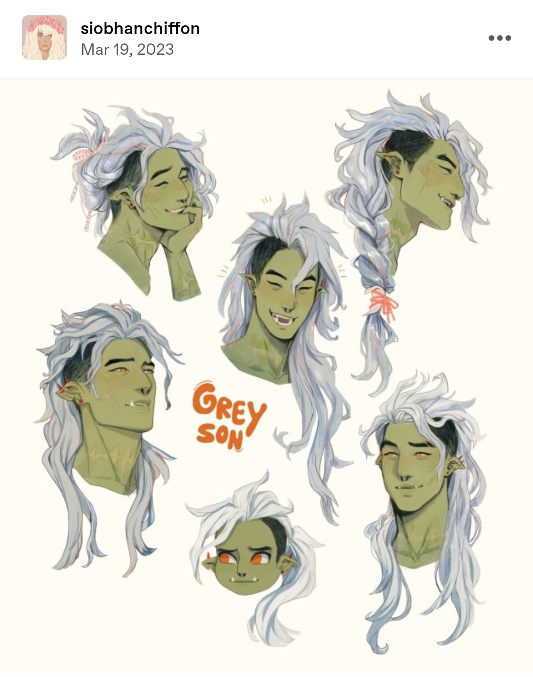the image showcases seven different bust illustrations of the same orc character, focusing on different hairstyles. he is an adult male with light green skin, pointed ears, a heavier build, and long white hair styled in various ways. each portrait captures a different expression, showcasing the orc's personality. the word "greyson" is written across the chest of the central portrait. the art style is painterly and expressive, with visible brushstrokes.