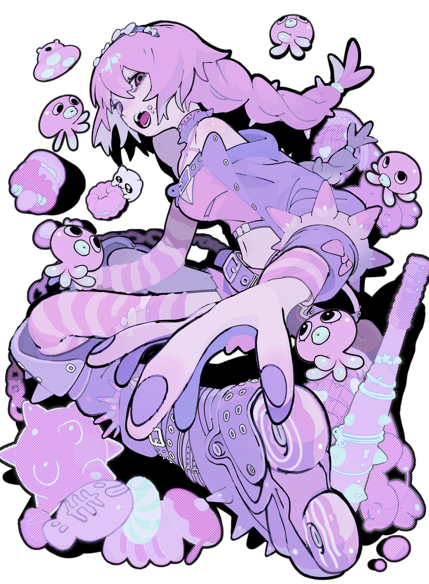 this is a cartoon image of an anime girl with long pink hair and purple streaks. she is wearing a pink and purple grunge outfit, with her rollerblades and other accessories appearing to be decorated with cartoon octopus designs. the background is full of various purple and pink octopuses.