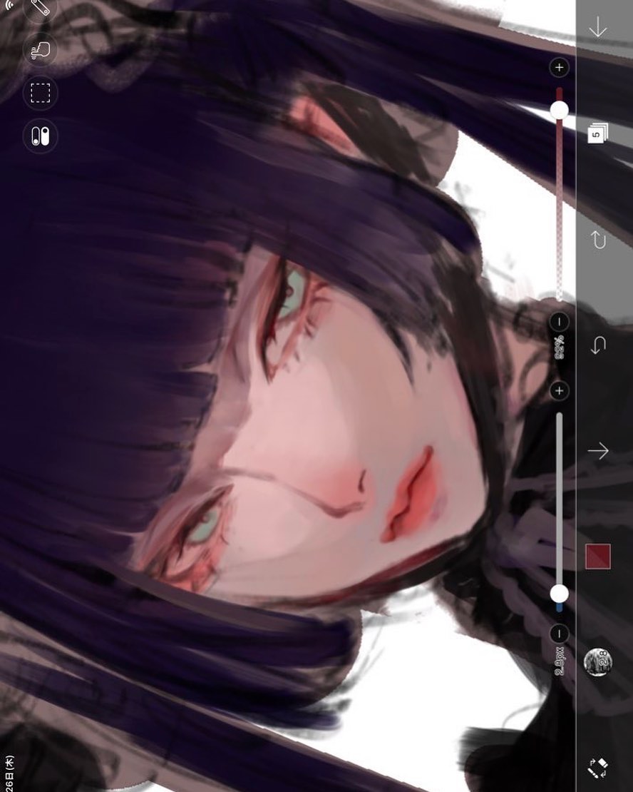 the image is a digital painting of a young animestyle girl. the closeup perspective focuses on her face and upper body.  she has dark purple hair with bangs that partially obscure her eyes.  her expression is intense and slightly melancholic, with visible blush and red lips. the art style is soft yet somewhat rough, blending realistic shading with a stylized anime aesthetic. the background is partially visible and suggests a dark or gothic theme. a digital art software interface is visible along the right edge, showing various tools and settings being used to adjust the layer opacity and other aspects of the painting process.  the overall mood is somewhat mysterious and emotionally evocative.