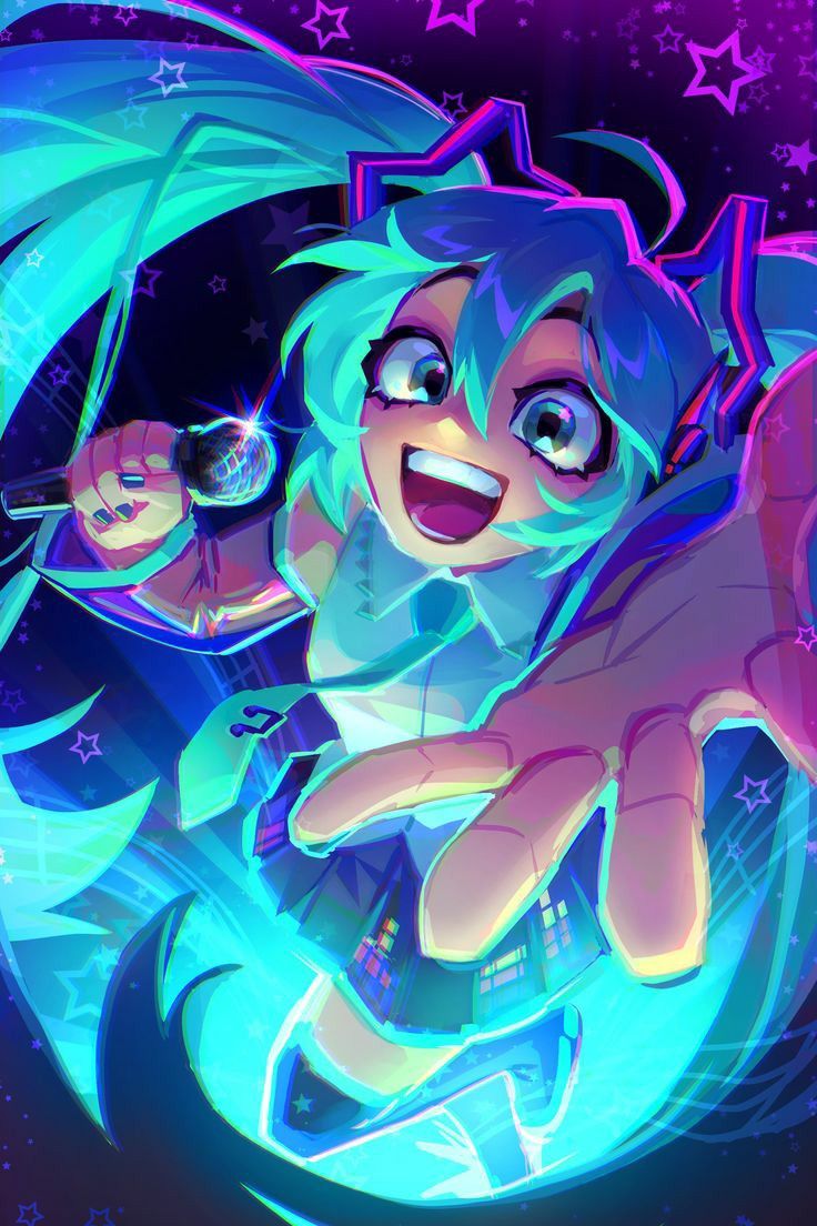 the image is a vibrant and dynamic digital artwork depicting hatsune miku, a popular vocaloid character.  she's depicted with her signature teal twintails, which glow with a neon effect. miku is in the midst of a performance, holding a microphone and extending her hand toward the viewer, as if reaching out to the audience. the background is a dark purplishblue space filled with glowing stars and energy trails, adding to the energetic and electrifying feel of the piece.  the overall style is highly stylized and suggestive of a concert or live performance setting. the colours are intense and saturated, enhancing the energetic feeling of the piece.