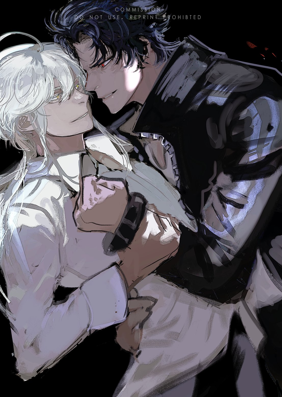two anime boys are standing close to each other with the boy in white holding the boy in black's hand. they are both smiling at each other and it looks like they are in love. the image is very intimate and romantic. the colors are black and white, which creates a striking contrast and emphasizes the emotion between the characters. the image is welldrawn and the characters are very expressive.