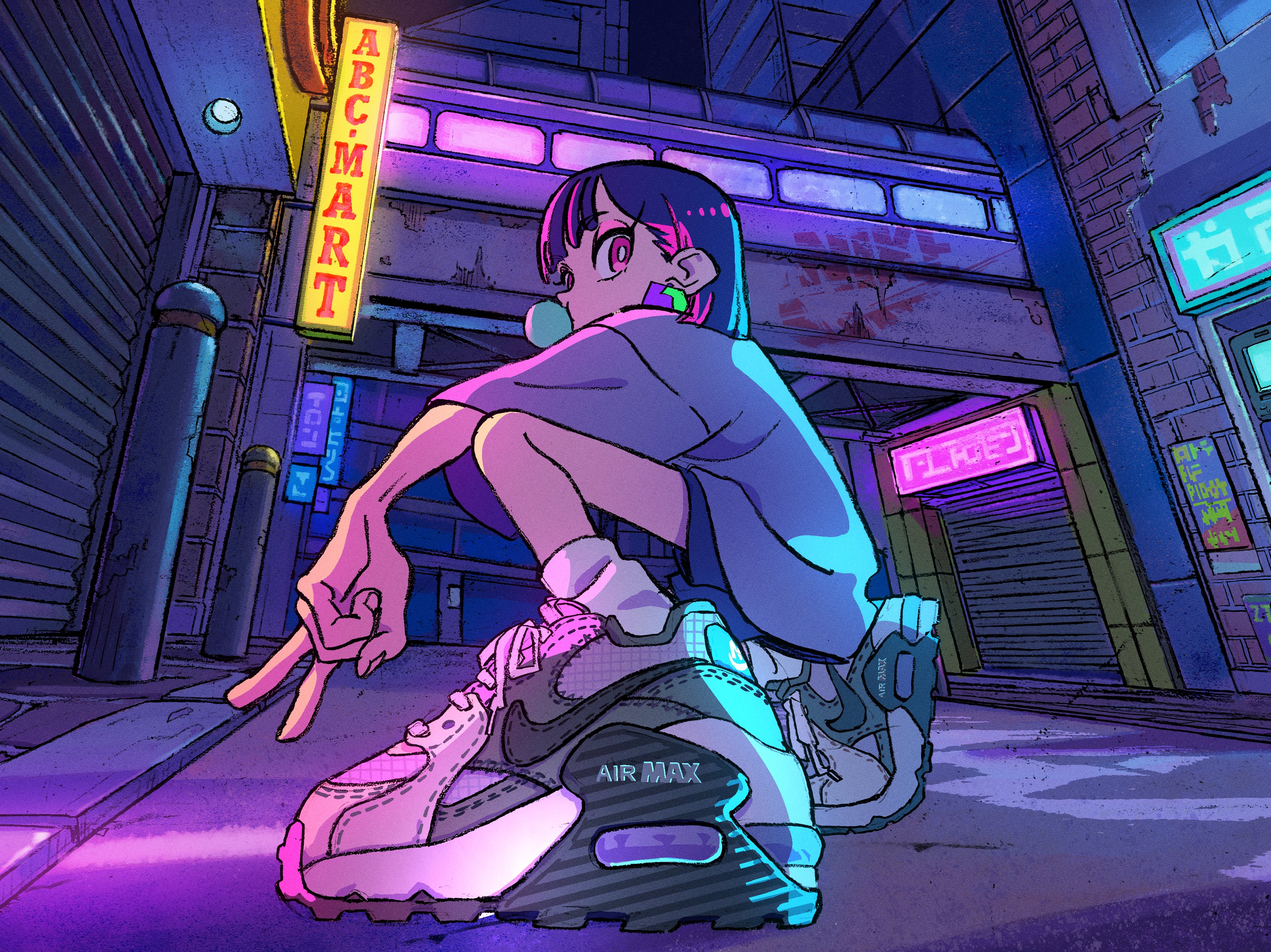 a young woman with vibrant purple hair and stylish streetwear sits casually on a city street corner illuminated by neon lights. she's giving a peace sign, showcasing her trendy sneakers. the scene exudes a cyberpunk vibe with its electric colors, closed shops, and gritty urban backdrop.