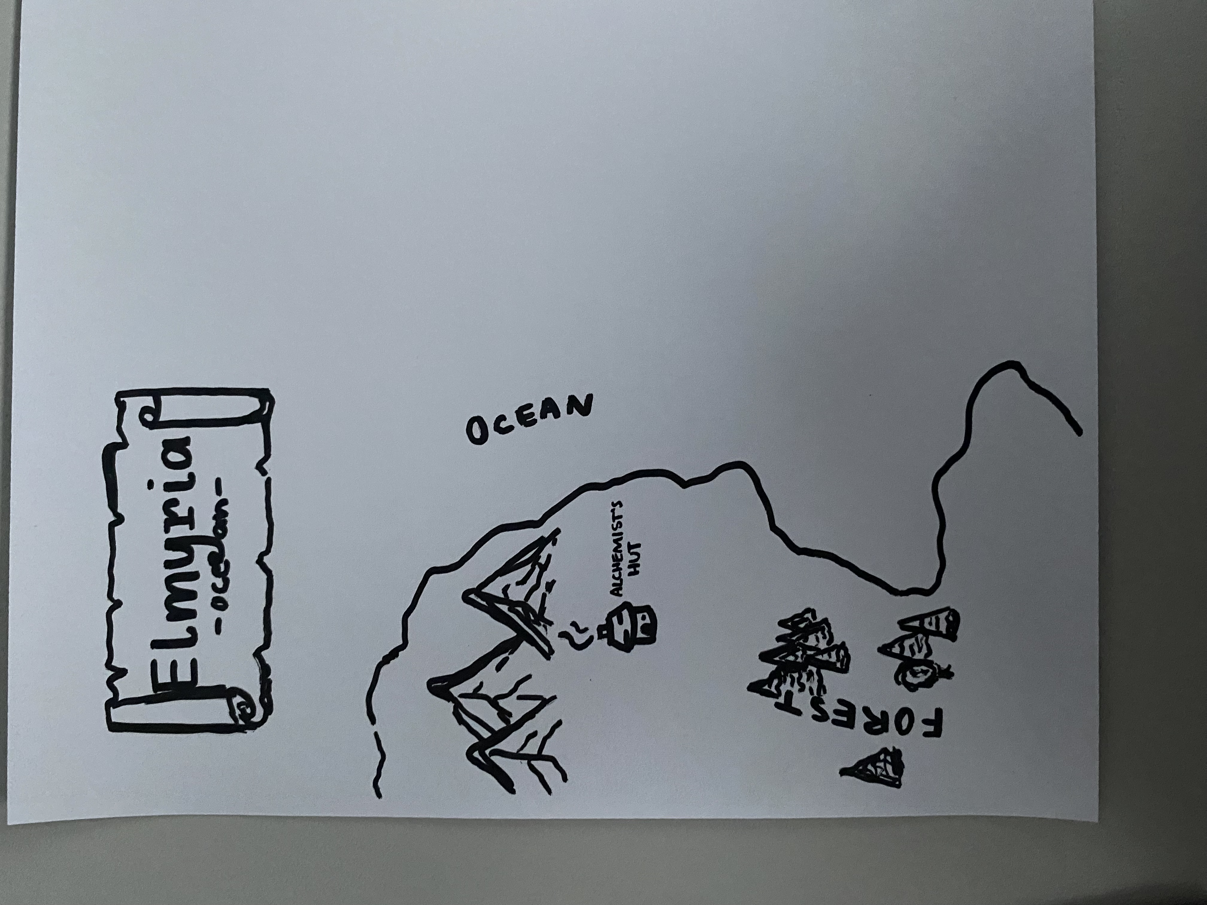 the image is a handdrawn map of a fictional land called "elmyria."  the map is simple, sketched in black ink on white paper. it depicts a coastline with an ocean labeled, a forested area, mountains, and a small structure labeled "alchemist's hut." at the top is a scroll with the name "elmyria ocean" written on it.  the overall style is whimsical and resembles a child's drawing or a quick sketch for a game or story.