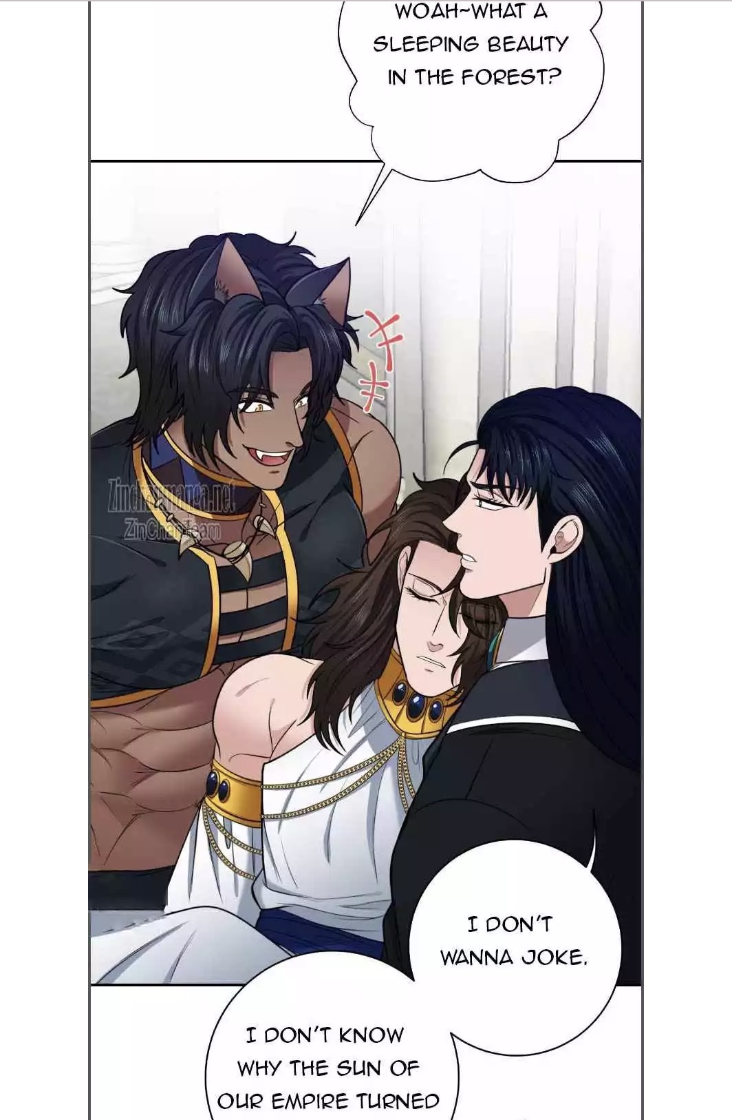 he image is a panel from a manhwa (korean comic) or webtoon. it depicts three men in a scene that seems to be inspired by the fairy tale sleeping beauty. one man with cat ears is looking down at another man who is lying down with his arms around him. a third man is standing behind them with his arm around the lying man. the speech bubbles indicate that they are discussing a mysterious event related to the empire's sun turning. the art style is stylized, with emphasis on dark and rich colors. the overall mood is mysterious and intriguing.
