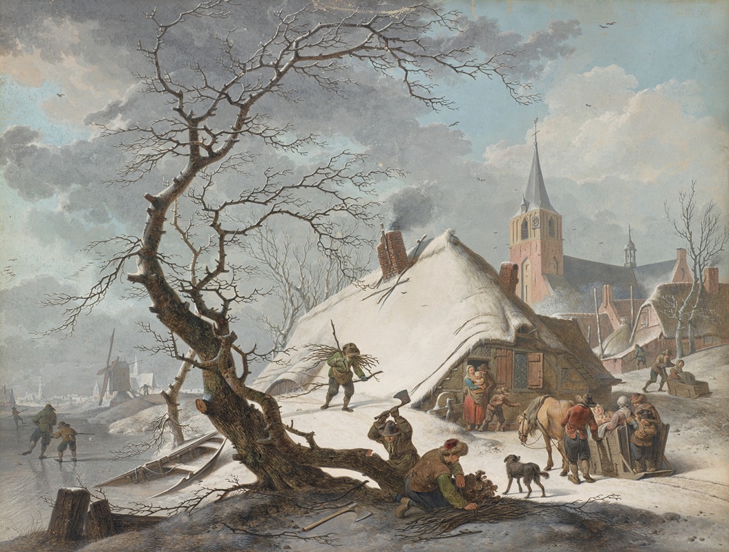 a winter landscape scene depicts figures engaged in various activities. a group is gathering wood near a large bare tree in the foreground, while another group is using an ax. a thatched cottage is visible with a family at the doorway. a horsedrawn sled is near the cottage. in the background, a church steeple rises above the rooftops. the landscape is covered in snow and ice, and a windmill is visible in the distance. two people ice skate on the frozen pond. a dog stands near the sled.