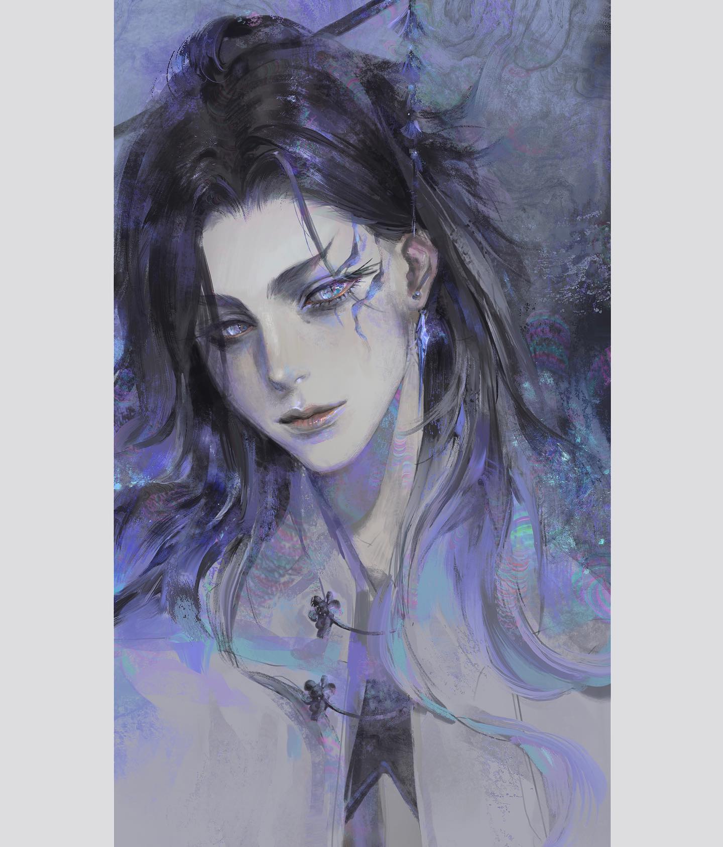 this is a digital illustration of a young man with long black hair streaked with purple. he wears an elaborate and colorful outfit. the background is an abstract pattern of blues and purples.