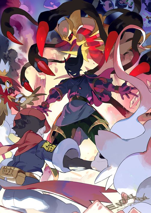 the image is a dynamic and colorful illustration from the pokémon scarlet and violet video game. it depicts a central conflict between a mysterious, darkclothed character and several pokémon trainers, alongside powerful legendary pokémon such as koraidon and miraidon. the art style is vibrant and actionpacked, emphasizing the energy and intensity of the battle. the central figure's design is striking, and the overall scene suggests a pivotal moment in the game's narrative. the detailed character and pokémon designs, combined with the vivid color palette, create a visually engaging and captivating piece of fanart.