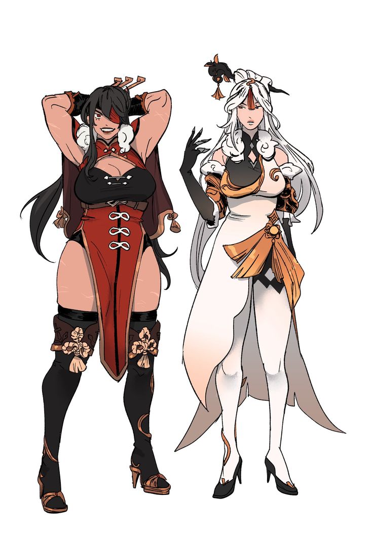 the image showcases two distinct female characters, seemingly from a fantasy or video game setting, presented in a sidebyside comparison. both characters are depicted from the knees up.the character on the left has darker skin, dark hair, and wears a red and black qipaoinspired outfit with high heels. she appears muscular and confident with a slightly mischievous expression. her outfit has floral and tassel details.the character on the right is lighterskinned with long, flowing white hair and wears a flowing white dress accented with orange and gold, also with high heels. her attire is more delicate and elegant. her expression is more reserved. both characters exhibit features consistent with anime or manga artistic styles.  the overall style is detailed and polished, suggesting professional concept art or character design.