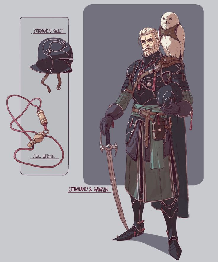 the image is a detailed character design sheet for two characters: ottaviano and his owl, gawain.  the main focus is a fullbody illustration of ottaviano, a male knight with blond hair and a beard. he's wearing dark, intricately detailed medievalstyle armor, a long dark green kiltlike garment, and boots with visible spikes.  he carries a sword at his side and an owl perched on his shoulder.  the image also includes smaller drawings of ottaviano's helmet (a sallet) and an owl whistle attached to a cord.  the style is reminiscent of fantasy concept art or character design for a video game or book. the overall color palette is muted and slightly dark.