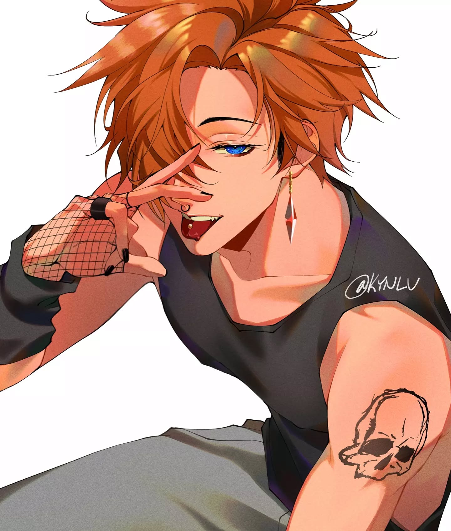 the image is a digital fanart depicting a stylish anime boy with vibrant orange hair, striking blue eyes, and multiple piercings. he's wearing a black sleeveless shirt, grey pants, and fishnet gloves, giving him a punk or edgy aesthetic.  a noticeable skull tattoo is visible on his upper arm. the character is captured in a confident pose, looking directly at the viewer, one hand partially covering his face. the art style is detailed and expressive, with a focus on the character's features and clothing. the artist's signature "@kyinlv" is subtly placed on the image.