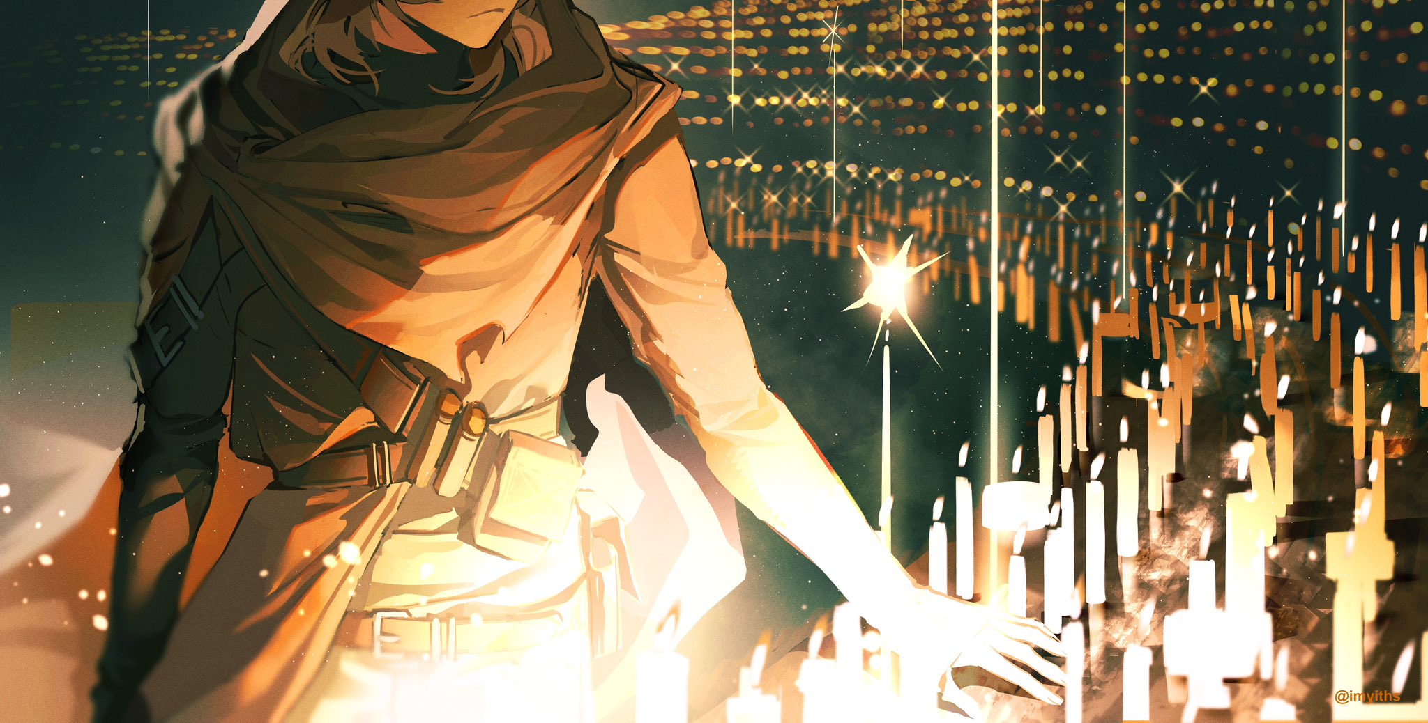 the artwork depicts a stylized female anime character, possibly a soldier, standing in front of numerous lit candles, creating a visually striking contrast between the character's warmtoned attire and the more muted, dark background. the scene is atmospheric, almost dreamlike, with the candles seemingly floating, and with a golden light and sparkle effect. the figure's pose suggests contemplation or reflection; the overall mood evokes a sense of loss, remembrance, or perhaps a quiet moment of peace amidst grief. the style is highly detailed, with soft brushstrokes and a mix of sharp and blurry elements. the city skyline in the background adds depth and context, hinting at a larger narrative. the art appears to be a digital painting, with a style that blends realism with fantasy elements.