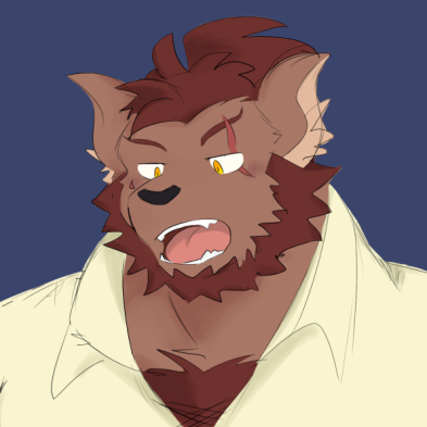 a closeup digital drawing of an anthropomorphic werewolf. the character is a muscular male with brown fur, red hair, and open mouth, suggesting surprise or shock. he has a somewhat rugged look with a scar visible on his face. he wears a lightbeige collared shirt. the art style is reminiscent of anime or cartoon.