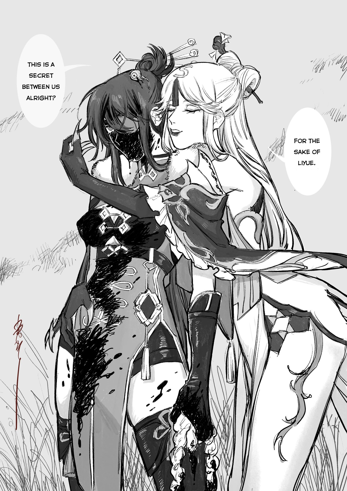 two girls, one with black hair and one with blonde hair, are hugging each other. they are both dressed in elaborate outfits. the girl with black hair has a black mask on her face. the girl with blonde hair has her eyes closed. there is a speech bubble above them that says, "this is a secret between us, alright?". there is another speech bubble below them that says, "for the sake of liyue". the image is drawn in black and white. it looks like it is from a manga.