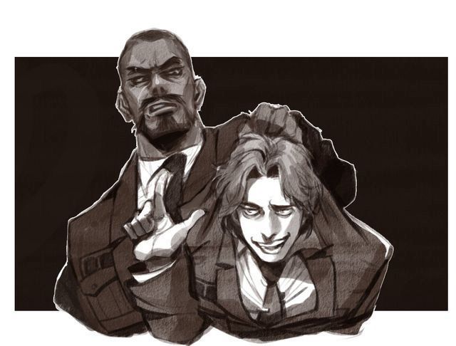 a black and white illustration of two men. the man on the left is wearing a suit and looks like he is giving a serious expression.  the man on the right is also wearing a suit, but looks like he is giving a smirk or grin. they are both looking at the camera.  the drawing is in a dark and mysterious style.