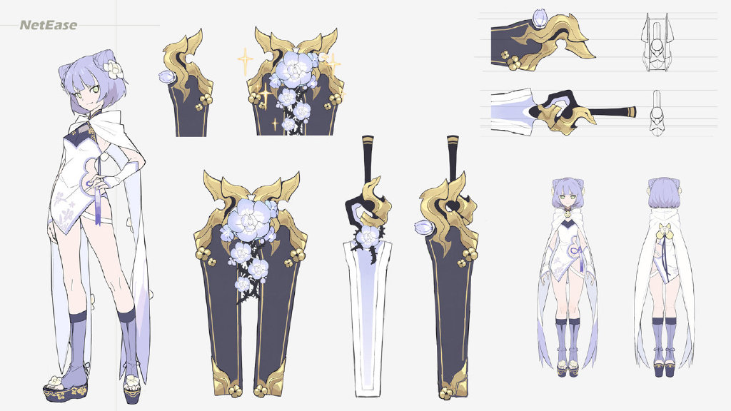 a digital illustration showcasing the concept art for a female character wearing a short white dress. the character has short purple hair and is presented in front and side views. alongside the character, various views and closeups detail the design of a large sword adorned with gold and purple floral patterns.