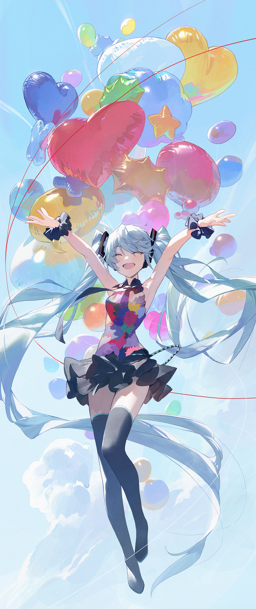 an anime girl with long flowing aqua hair and red eyes is joyfully suspended in the air, her arms outstretched as if embracing the bright blue sky. she's surrounded by a whimsical collection of colorful balloons in various shapes and sizes, including hearts and stars. her outfit is a vibrant mix of colors and patterns, featuring a black and red dress with a playful design and black thighhigh socks.  she is likely hatsune miku, a popular vocaloid. the overall atmosphere is cheerful and lighthearted, capturing a moment of pure joy and freedom.