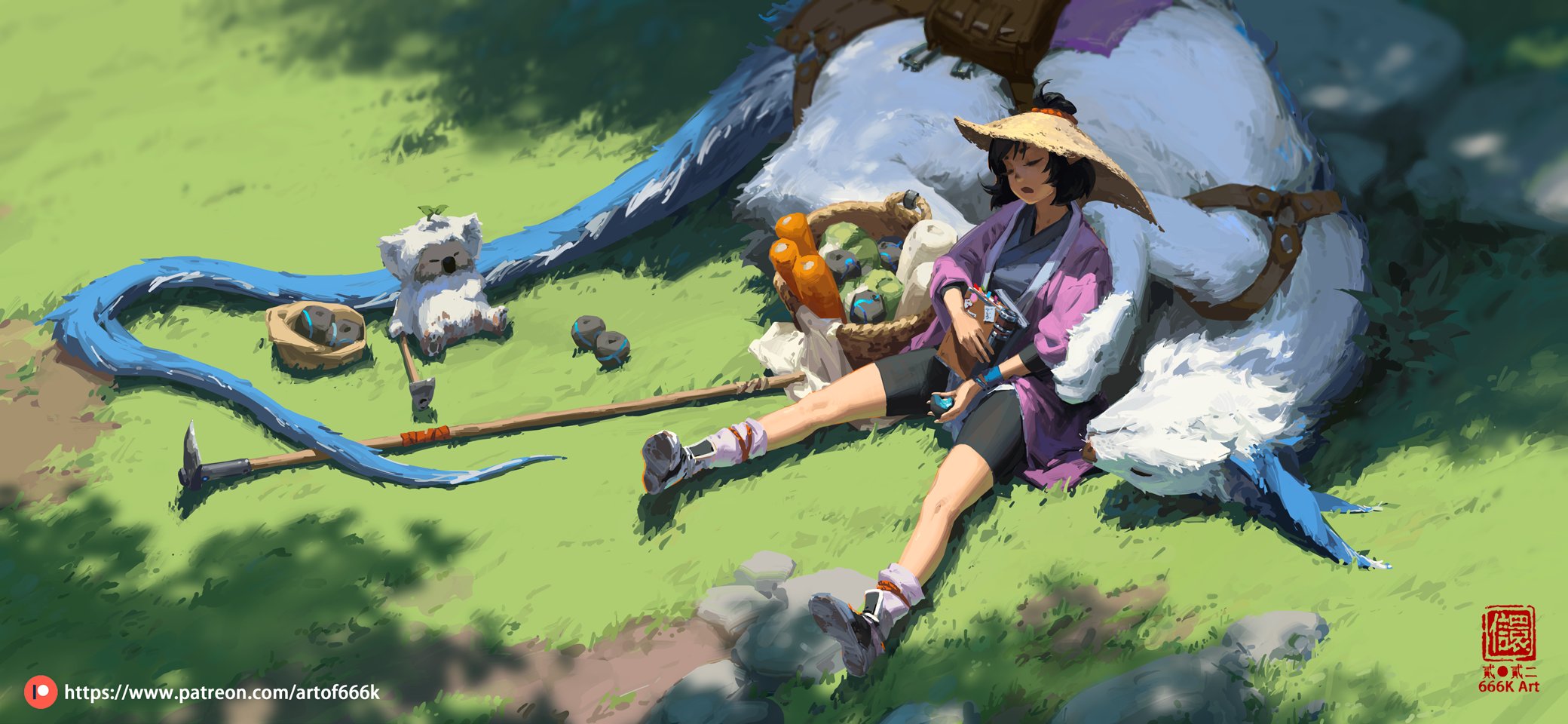 a digital painting shows a young woman in traditional clothing resting peacefully on the grass. she's leaning against a large fluffy white creature with blue accents on its tail, and a smaller fluffy white creature rests nearby.  tools and a basket of food items are scattered around them, suggesting a rest stop during an adventure. the scene is idyllic and tranquil, conveying a sense of serenity and companionship.  the artist's signature is visible in the lower right corner.
