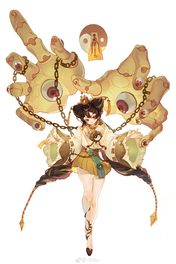 this is a digital illustration of an anime girl with long black hair, wearing a traditional chinese white dress with yellow accents, and holding a ying yang symbol.  she is surrounded by two large hands holding a chain. each hand has multiple eyes.  the artwork is set against a white background.