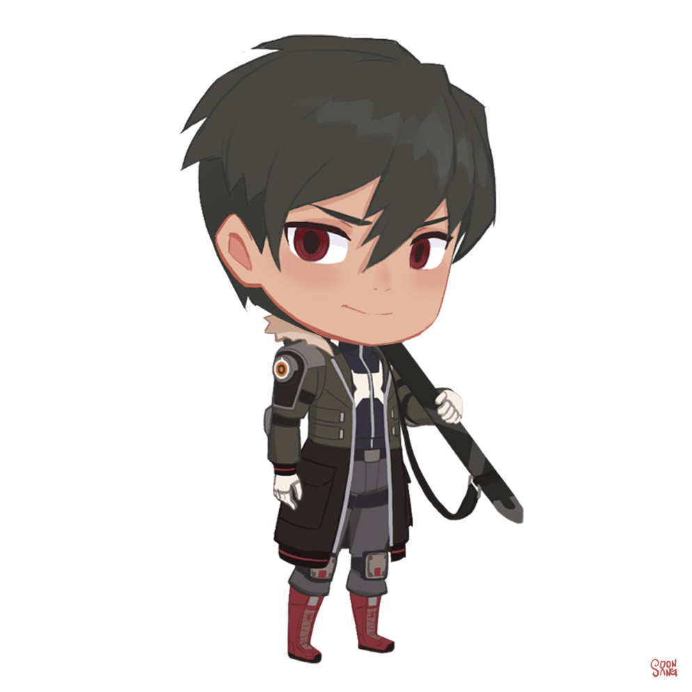 a chibistyle illustration of a male character with dark hair and red eyes, dressed in a futuristic militaryinspired outfit. he's holding a katana and has a confident expression. the background is plain white, and the overall style is cute and stylized.