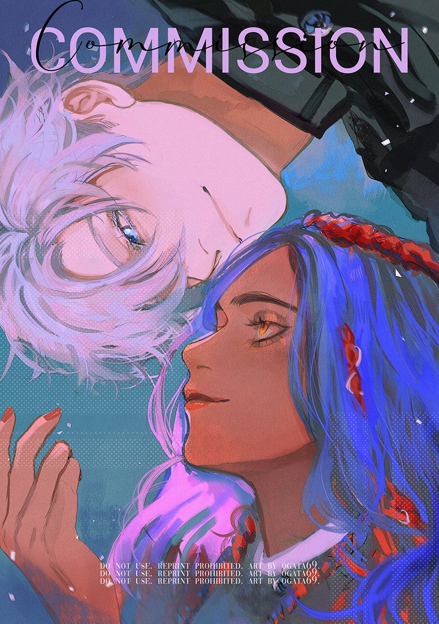 this is an abstract illustration of two people, a man with white hair and a woman with blue hair. they are both close together, and their eyes are closed. they are both very artistic and beautiful.