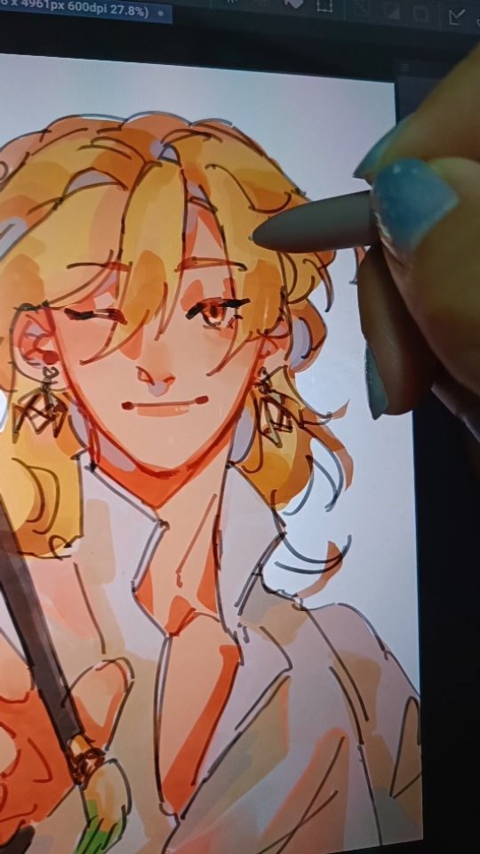 closeup view of a digital artist's hand using a stylus on a tablet to create a digital drawing. the artwork depicts a stylized female anime or manga character with long blonde hair, wearing earrings and casual clothing. the character has a soft expression and is depicted from the chest up. the artist's hand and fingernails are visible in the upper right corner of the image, along with the tablet screen showing a digital art program interface.  the style is soft and painterly with loose brushstrokes.