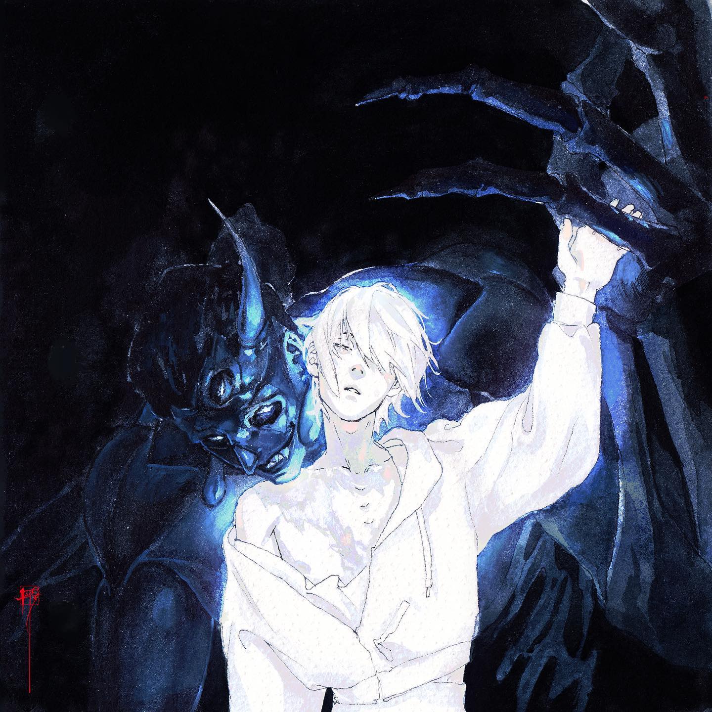 the artwork depicts a young, pale man with white hair, dressed in a simple white hooded garment. he is being embraced or held by a shadowy figure, partially revealed as an oni (a japanese demon) wearing a dark, horned mask.  the style is reminiscent of manga or anime art, executed with a watercolor or similar painterly technique. the color palette is predominantly dark blues and blacks, contrasting sharply with the young man's pale skin and white clothing, creating a dramatic and atmospheric effect. the overall mood is mysterious, slightly unsettling, and potentially melancholic or tragic. the image evokes a sense of otherworldly power and a possible struggle between light and darkness or innocence and evil.