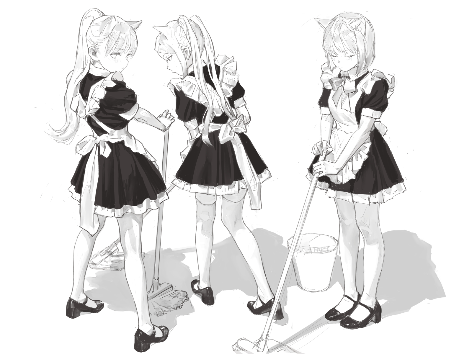 the image shows three animestyle girls dressed as maids with cat ears, mopping the floor. each is in a slightly different pose, with different hairstyles. they wear classic black and white maid outfits with aprons and have mops and buckets.
