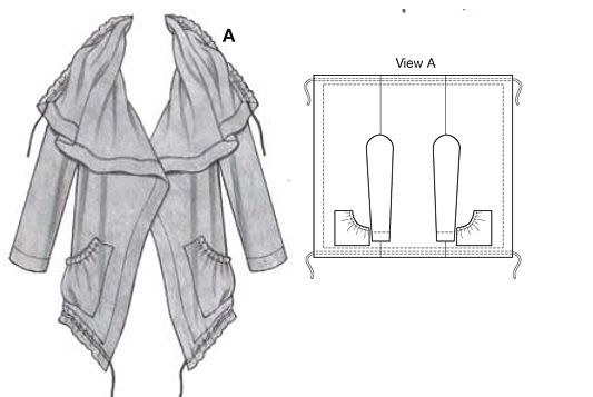 the image shows a drawing of a cardigan with a ruffled collar, pockets, and a drawstring detail. the cardigan is labeled "a" and there is a corresponding sewing pattern diagram labeled "view a" showing the layout of the fabric pieces. the overall style is illustrative, depicting a fashion garment with technical sewing instructions.