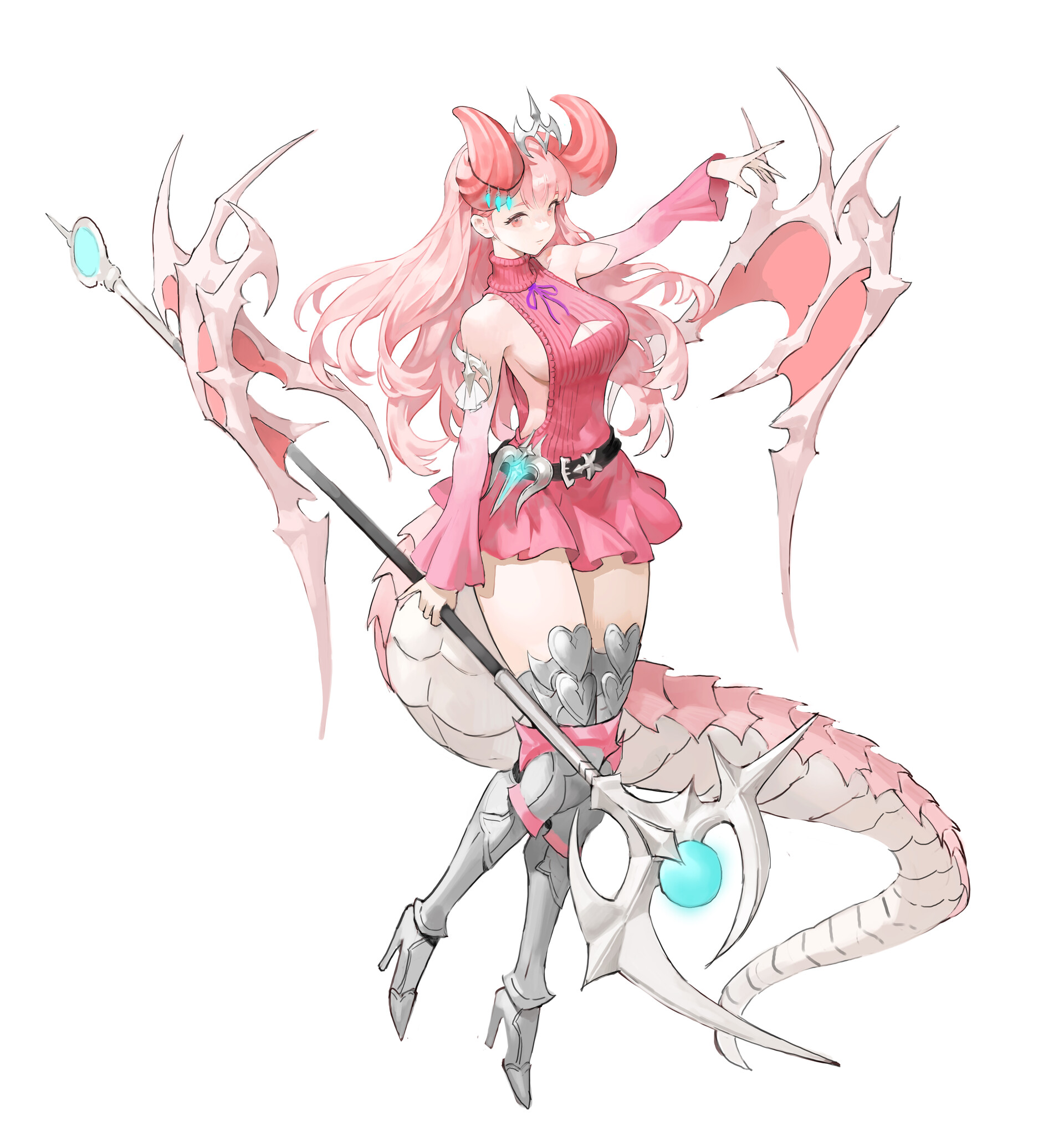 an anime style illustration of a pinkhaired girl with horns and a crown, wearing a pink dress and high heels. she has a tail and is holding a staff. she appears to be a fantasy monster girl character.