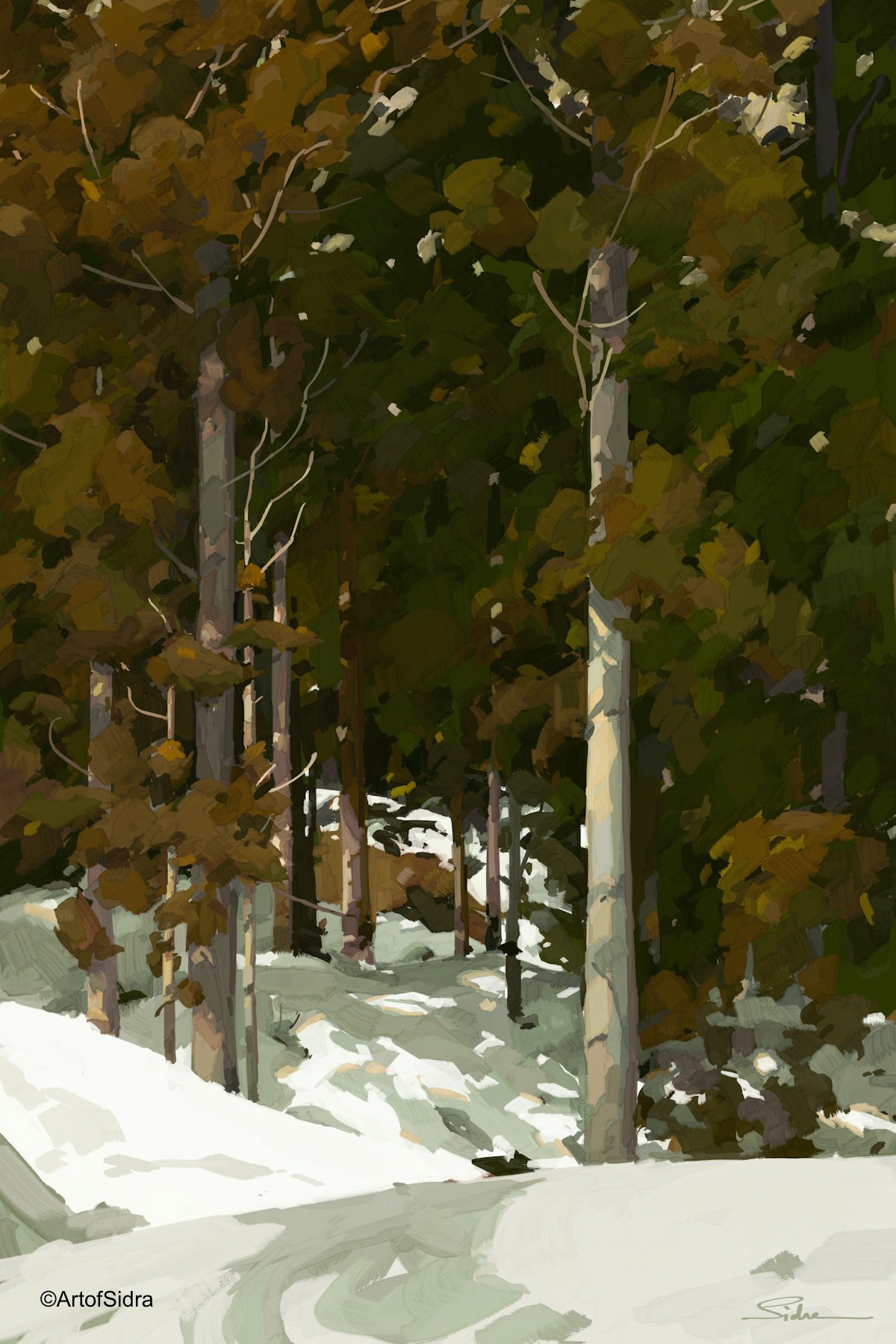 the image is an oil painting of a winter forest scene. tall trees dominate the composition, some with white birch bark. snow covers the ground, casting cool bluegray shadows. the sunlight filters through the branches, creating patches of light and shadow on the snowcovered path that leads into the depths of the woods. the painting style is loose and expressive, with visible brushstrokes that add texture and depth to the scene.