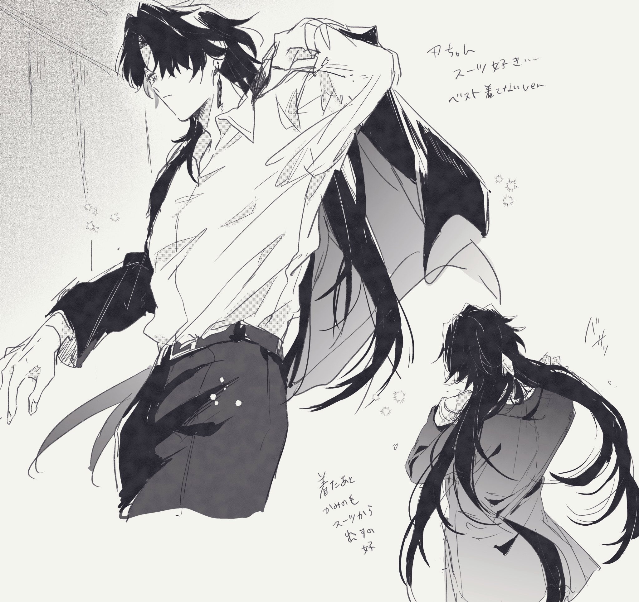 this is a black and white drawing of two handsome anime characters, they're both wearing suits with white shirts inside and one of them also wears a tie. they're standing on different sides of the frame and are captured in a way that shows their confidence and stylish sense of fashion.