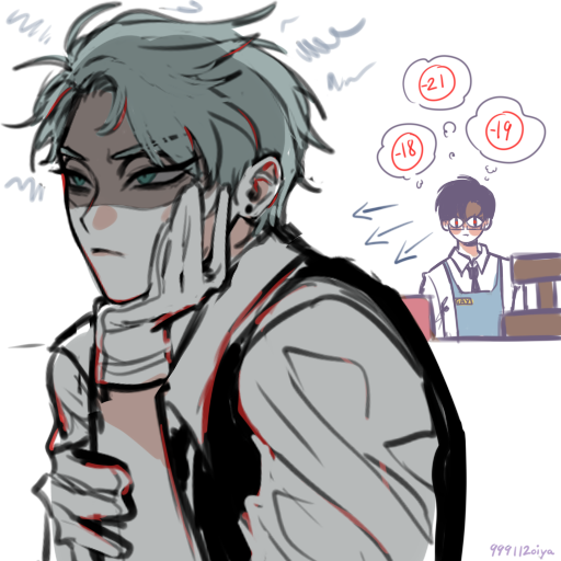 the image is a digital drawing or sketch of an animestyle male character with light grey hair, wearing a mask and gloves. he appears to be stressed or upset, with thought bubbles showing negative numbers, possibly grades.  another smaller character, possibly a classmate or teacher, is shown in the background, suggesting a school or academic context. the overall style is loose and expressive.