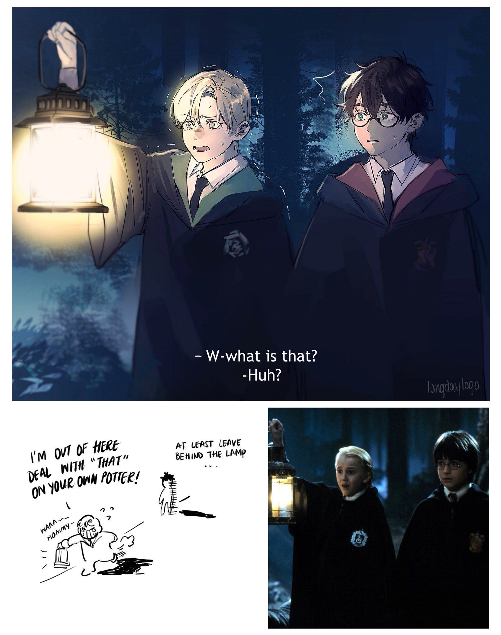 the image is a digital fanart depicting a scene that seems to be inspired by harry potter. the top half shows a stylized illustration of draco malfoy (in hufflepuff robes) and harry potter (in slytherin robes) encountering something frightening in a dark forest at night. draco holds a lantern, looking alarmed.  the bottom left shows a small, humorous comic strip depicting draco running away from something, seemingly related to the lantern and implying a harry potter related situation. the bottom right panel shows a screenshot of ginny and ron weasley from a harry potter movie in a similar dark setting holding a lantern. the overall style is a blend of soft, slightly melancholic and whimsical. the contrast between the serious top panel and the humorous comic strip creates an interesting dynamic.