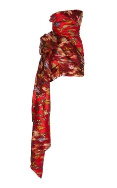 a red strapless floral dress with a bow on the side. the dress is made of a silky material and is styled in a vintage, chic look.  the fabric is a mix of red, pink, and black with a floral pattern.  the fabric on the dress is gathered and wrapped around the body to create a unique shape.  it looks as if the dress is a one piece.