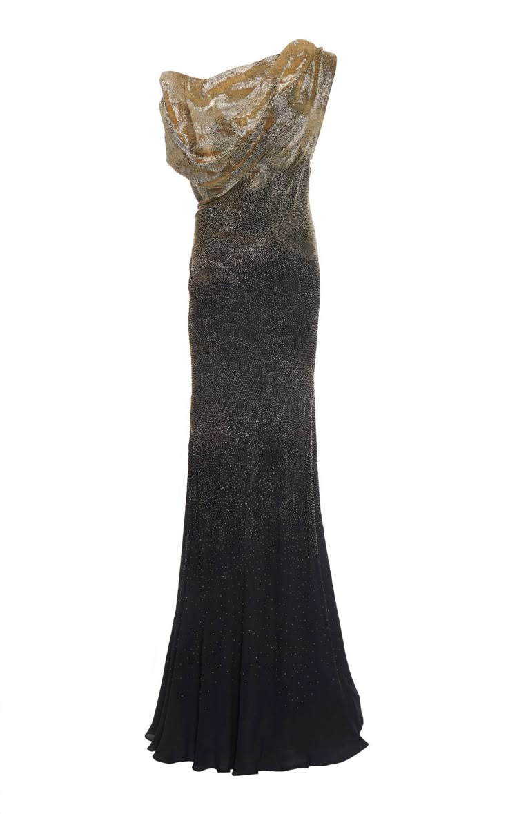 a long, elegant oneshoulder evening gown with an ombre effect, transitioning from gold at the top to black at the bottom, the top has draped fabric and the entire dress has a subtle shimmer.