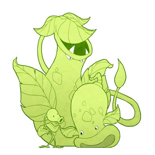 this whimsical illustration depicts a trio of cartoon plant monsters. the largest is a pitcher plantlike creature with a large, gaping mouth and leaves.  it's flanked by two smaller, seemingly related plant creatures; one resembling a small sprout or seedling, and the other a rounder, bulbous plant with leaves. all are a consistent pale green color and drawn in a style that suggests a blend of cute and slightly menacing. the style is reminiscent of cartoon video game characters.