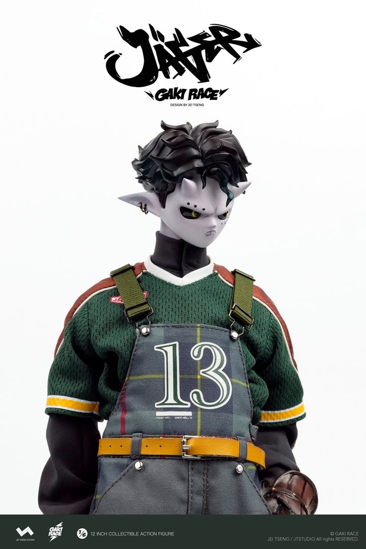 a closeup of an action figure in a casual outfit, a dark green shirt and blue overalls with a white number 13. the figure is wearing a baseball cap. the figure has horns and a somewhat evil expression on its face.  the image also includes the gakt racey logo and text that says "jafer" and "12 inch collectible action figure."