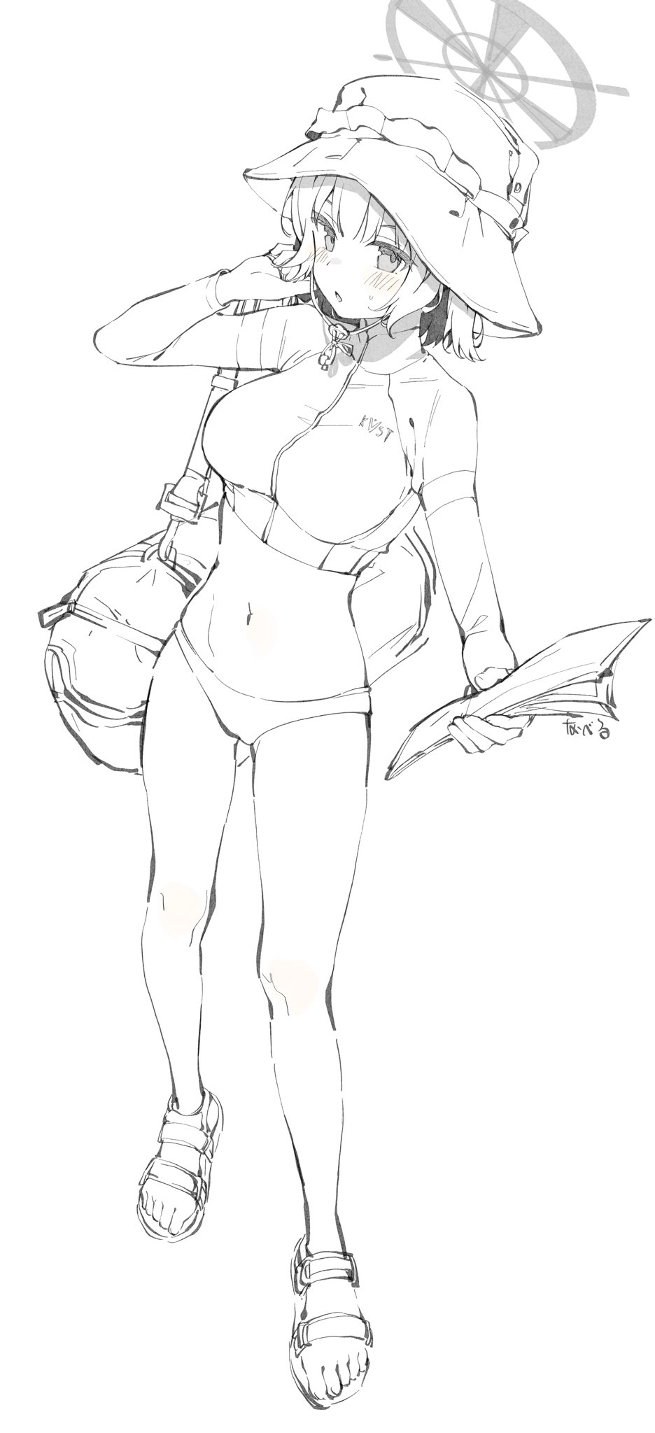 the image is a black and white sketch of an animestyle girl. she is wearing a large hat, a swimsuit, sandals, and carrying a bag. she appears to be walking or strolling casually, and has a relaxed and happy expression. the style is light and sketchy, with visible line work and shading. the overall impression is one of summery casualness.