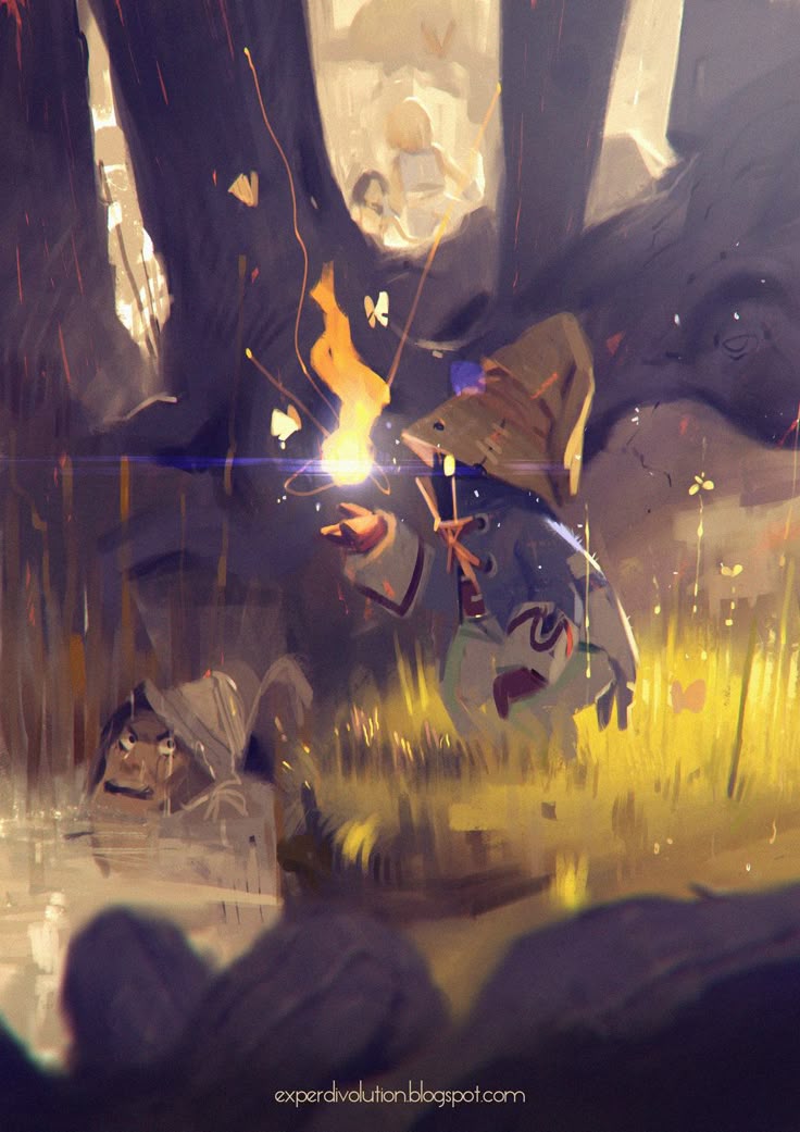 the image is a fantasy art illustration featuring a mage or wizard casting a spell in a forest setting. the wizard is wearing a pointed hat and robe and is holding a staff. a burst of fire emanates from the staff, surrounded by butterflies. in the background, two children are visible. the scene includes trees, a pond with a creature in it, rocks, and grassy areas. the artwork has a dreamlike quality with glowing light effects and soft colors. the style suggests digital painting.