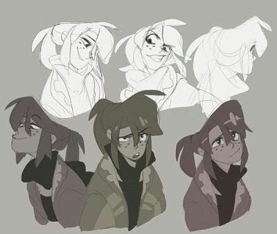 this is a digital drawing of six animestyle characters. four of them are in the background and are sketched out with a lighter grey tone, while two are in the foreground and are more detailed and colored. the two characters in the foreground are women with long hair and wearing similar outfits, they both have freckles on their faces. the drawing is very detailed and shows great attention to detail, particularly in the facial expressions and clothing of the characters.