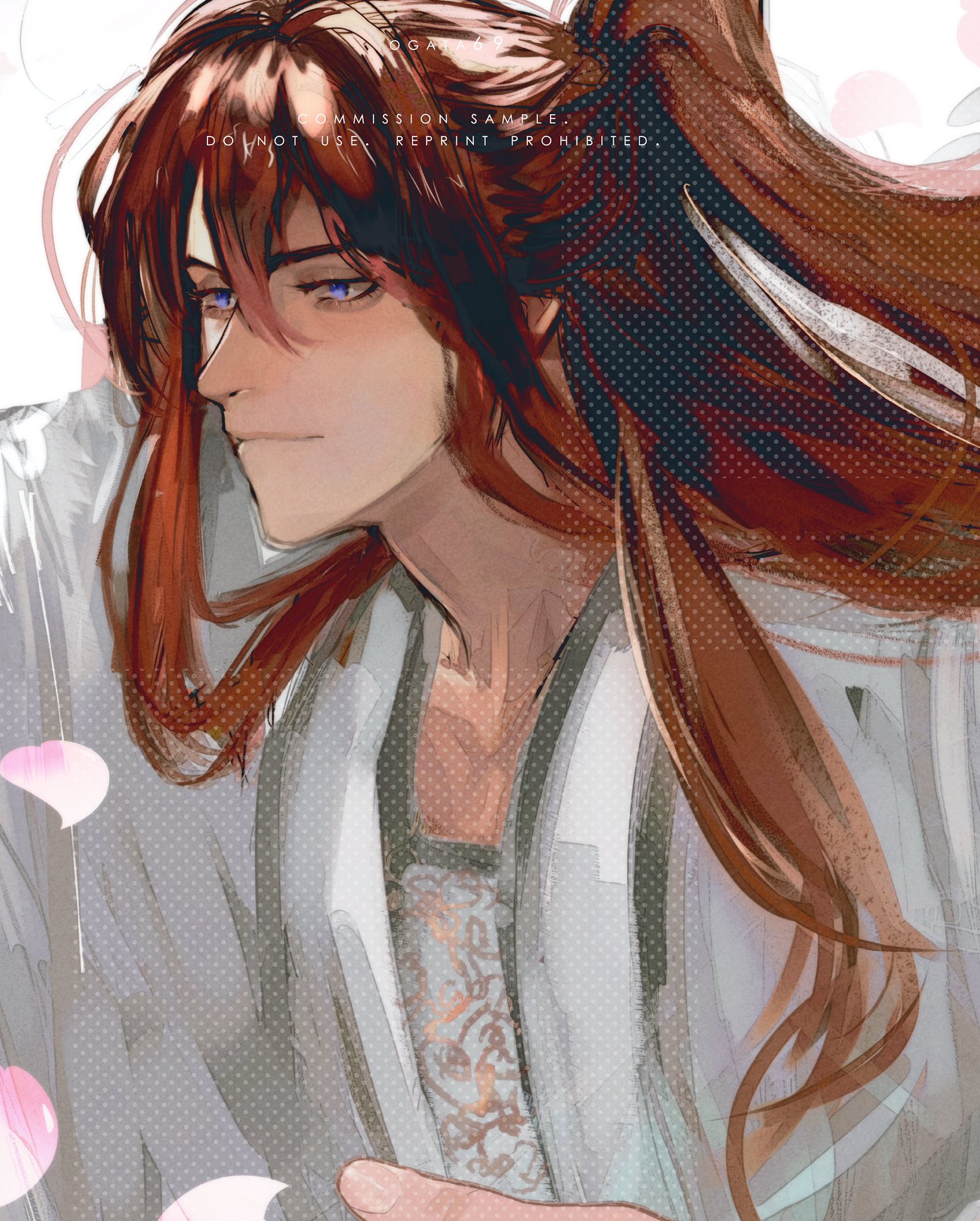 a digital painting of a handsome anime character with long red hair. he is wearing a white shirt with a floral pattern on the bottom. he has light skin and piercing blue eyes. he is looking to the left of the frame with an intense expression. the background is filled with pink flower petals.