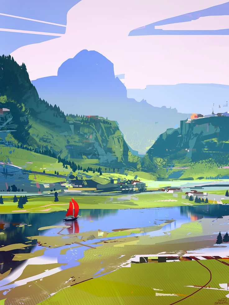 the image showcases a picturesque valley nestled between lush green mountains. a serene river meanders through the valley, reflecting the azure sky and fluffy clouds above. a solitary sailboat with a vibrant red sail gracefully glides across the river's tranquil surface. quaint towns, characterized by clusters of buildings, dot the valley floor, harmoniously integrated with the surrounding natural beauty. rolling fields, painted in various shades of green, stretch out from the riverbanks, adding to the idyllic charm of the scene. the overall ambiance of the image is one of tranquility, peace, and aweinspiring natural splendor.