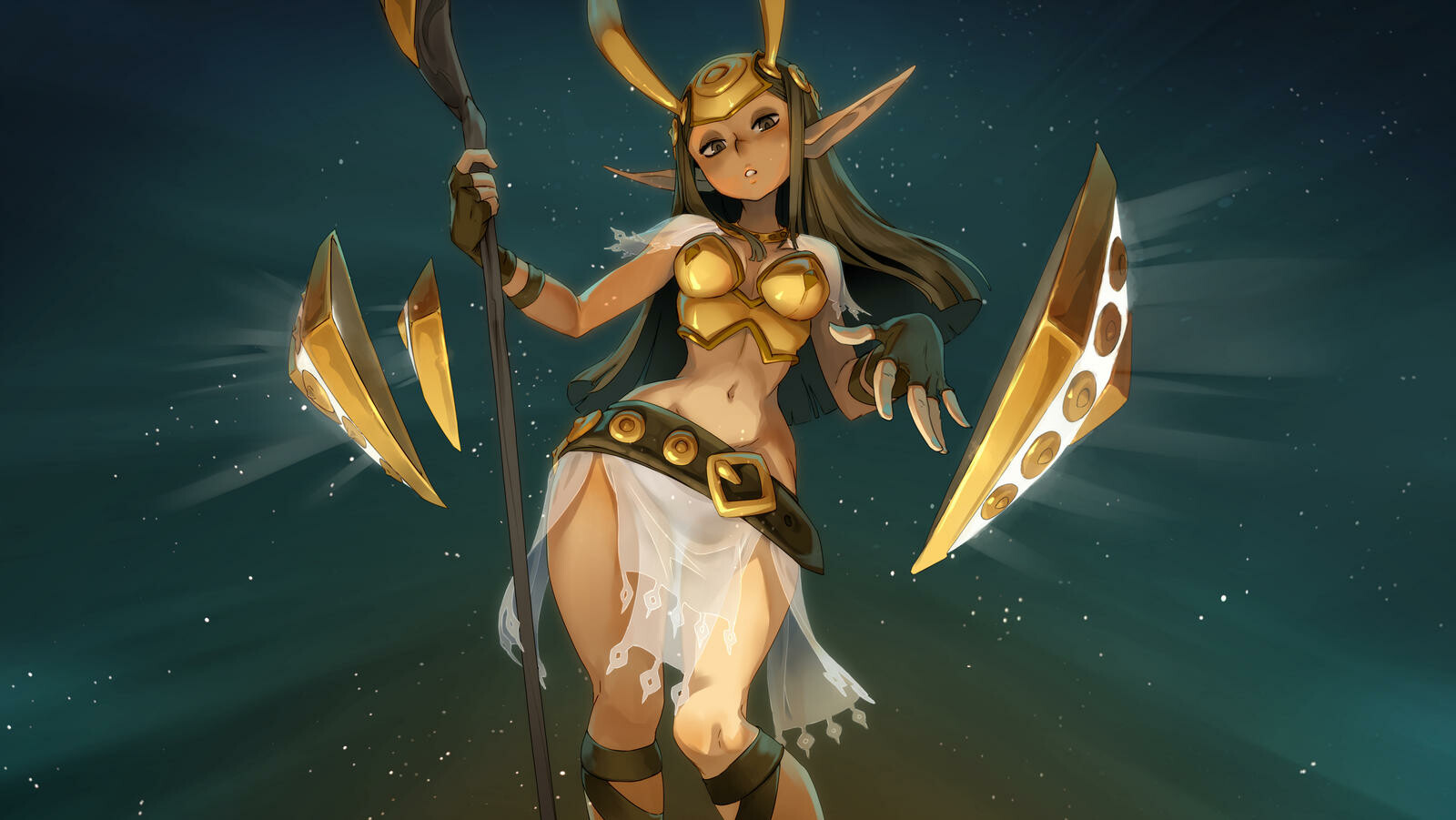 a female elf warrior with long brown hair and wearing gold armor is shown in a fantasy setting.  she's floating in the air with a magical staff in her hand.  a magical light comes from her staff, which is also attached to a golden sword.  the image is drawn in a video game style and is set against a dark starry background.