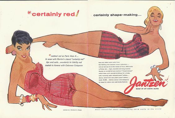 this vintage advertisement features two models wearing jantzen swimsuits. the model on the left is wearing a red striped swimsuit while the model on the right is wearing a red plaid swimsuit. both models are posed in a seductive and glamorous way, emphasizing the shape and style of the swimsuits. the ad copy highlights the "reddest red" color of the swimsuits,  as well as the  "wonderful highfidelity red" that is "sealedin forever with celanese celaperm."  this ad reflects the style and glamour of the mid20th century and the popularity of jantzen swimsuits.