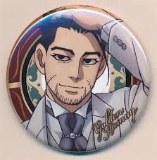 a decorative circular badge depicting tsukishima hakate from the anime golden kamuy, in a white suit with his hand on his neatly combed hair, set against an ornate gold design.