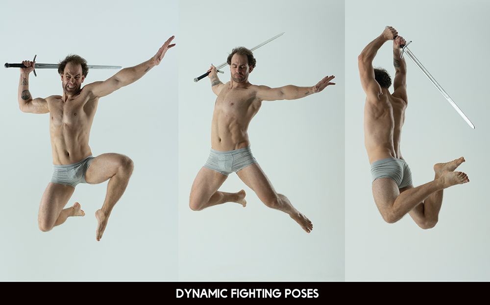 a man in grey underwear is shown in three different dynamic fighting poses with a sword. the man is jumping in each pose, demonstrating power and action. the backdrop is white, creating a clean studio setting.  the man is muscular and athletic, showcasing a strong and fit physique.