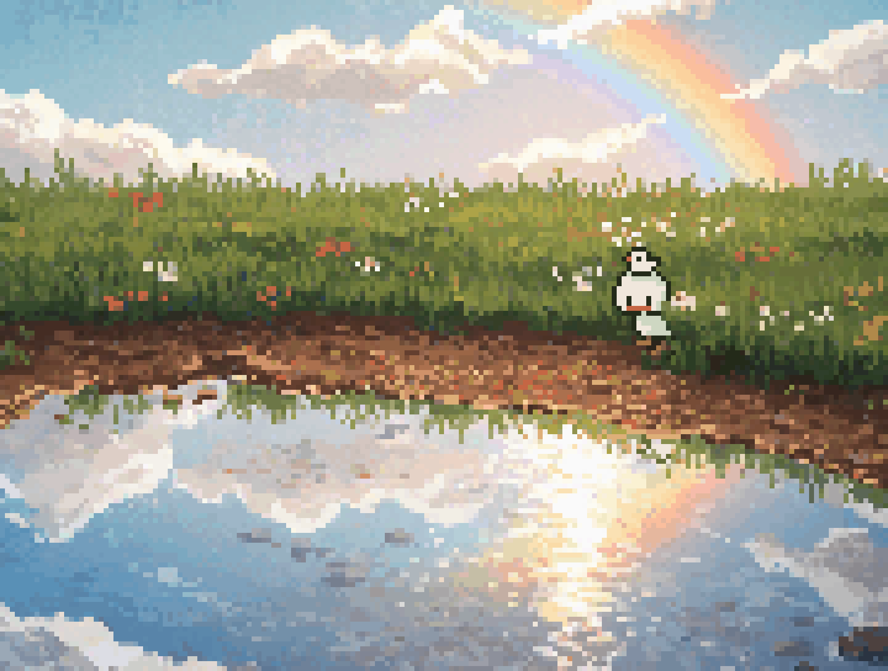 a pixel art landscape depicts a serene scene with a rainbow stretching across the sky above a grassy field dotted with flowers. a small figure of a birdlike character stands near the edge of a body of water, which reflects the sky and the rainbow. the clouds are fluffy and white, adding to the peaceful atmosphere. the sun is shining, creating a sense of warmth and tranquility.