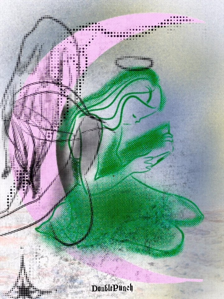 the image is an abstract digital artwork depicting an angel figure. the angel is rendered in shades of green, with its wings partially obscured and appearing ethereal. it's positioned beneath a large pink crescent moon, against a backdrop of textured gray and muted tones. the style is a blend of abstract and graphic design elements, incorporating halftone patterns and grunge textures for a layered, dreamlike effect.  the overall mood is serene yet slightly melancholic, with the angel appearing in a posture of prayer or contemplation.  the text "doublepunch" is visible in the lower portion of the image, likely the artist's name or brand.