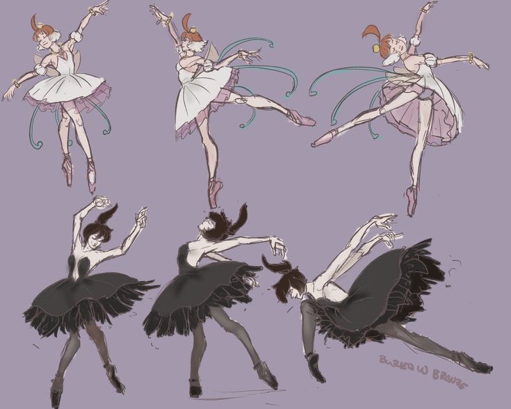 this image is a digitally drawn sketch of two ballerinas in various dance poses. the top row features a ballerina wearing a white and pink tutu, reminiscent of a white swan. the bottom row showcases a ballerina in a black tutu, reminiscent of a black swan.  each row depicts the character in three distinct poses. the image overall appears to be concept art, potentially for character design or animation.