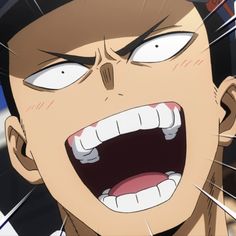 a closeup shot of an anime man with a large grin on his face.  he appears to be excited about something.  the background is a solid color.
